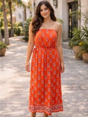 Orange Strapless Maxi Dress Boho Paisley Print Beach Vacation Dress Size Medium